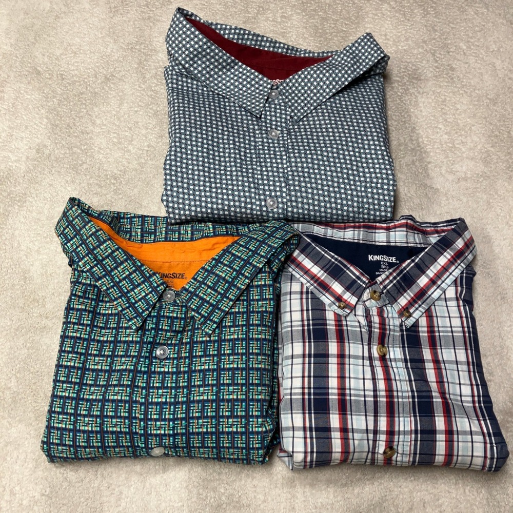 KingSize Button Up Long Sleeve Shirt Lot of 3 Geometric Plaid Mens 6XL Big
